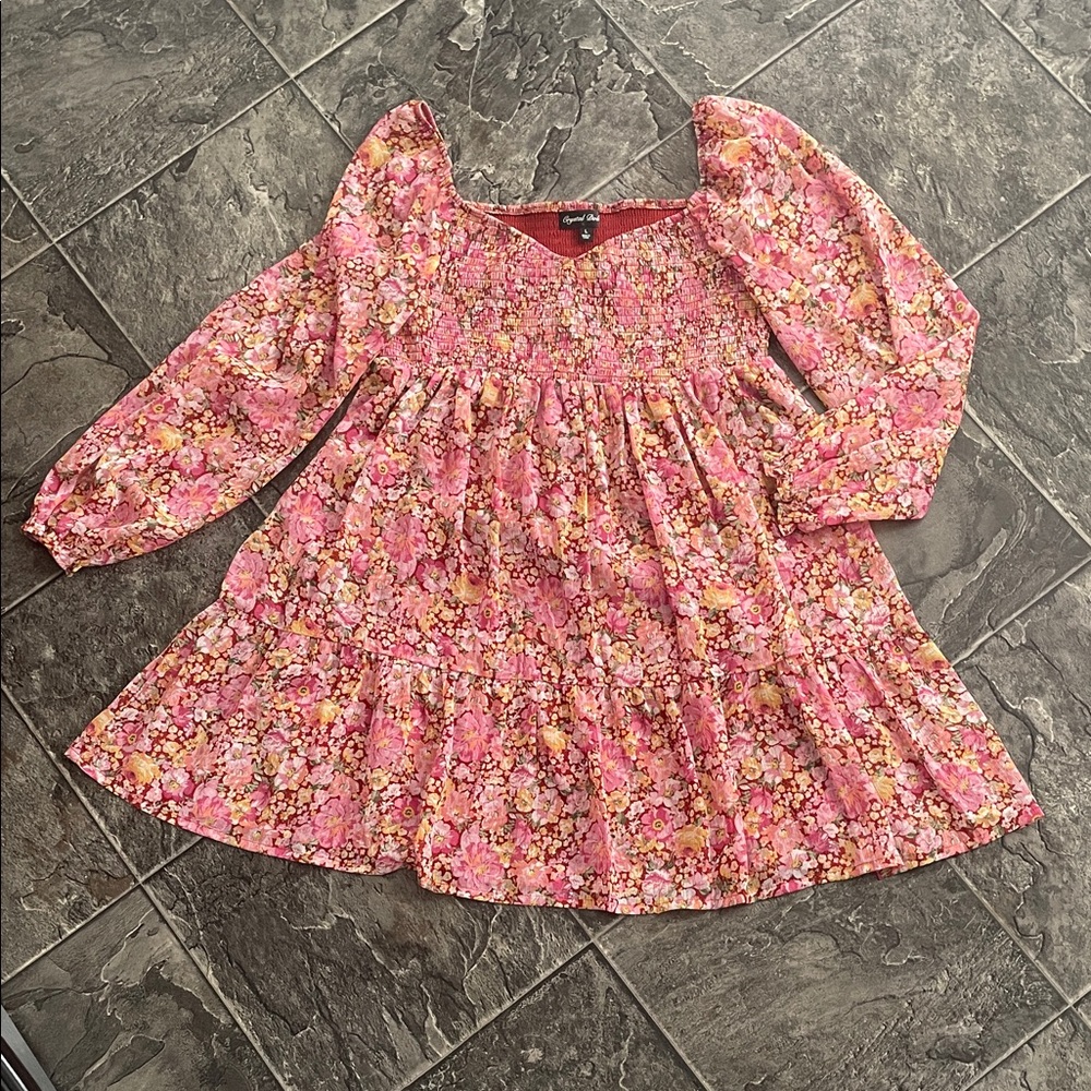 CRYSTAL DOLL Floral Coquette Babydoll Long Sleeve Shirred Pleated A-Line Dress - Picture 1 of 14